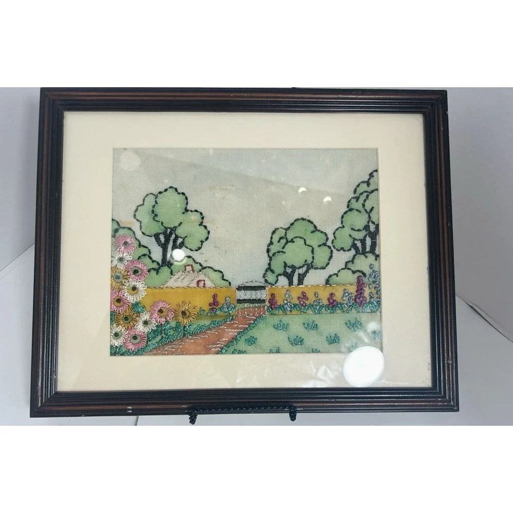 Vintage needle‎ point picture floral wood antique Framed 11x14 tapestry Farm